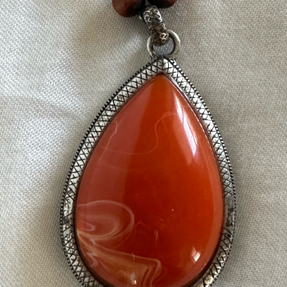 Carnelian Wooden Beads Silvertone Links S10 Necklace Hippie Boho Orange Stone
